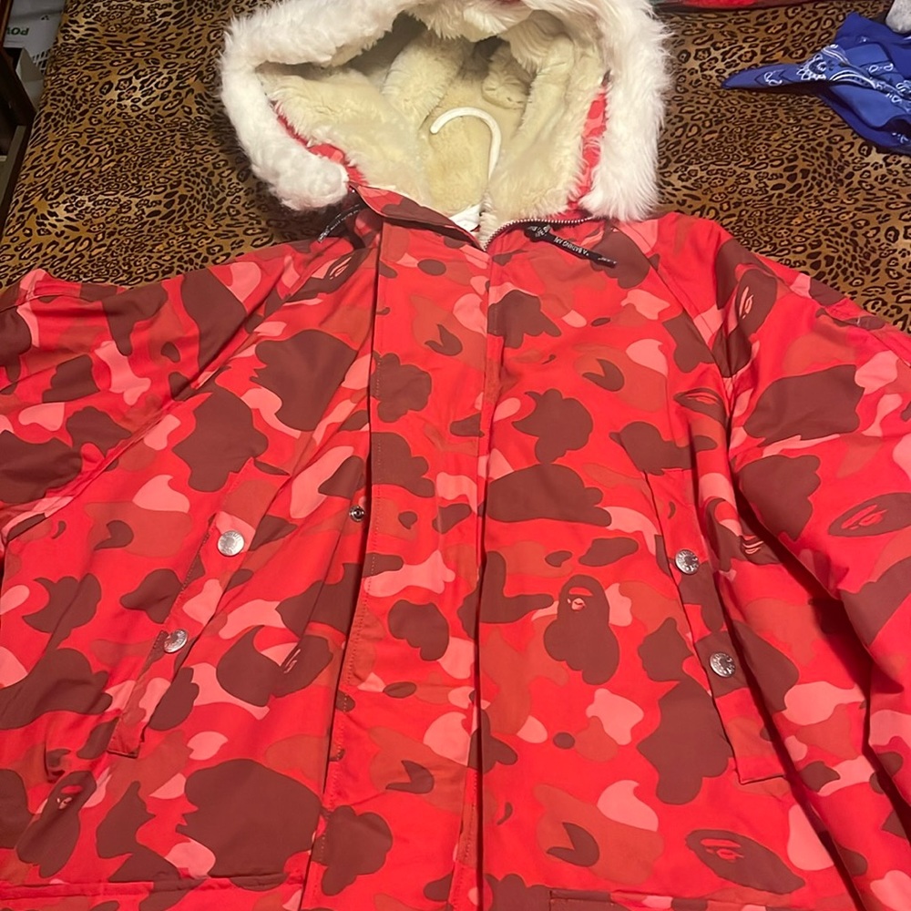 Bape Red Camo Snow Down Fur Jacket